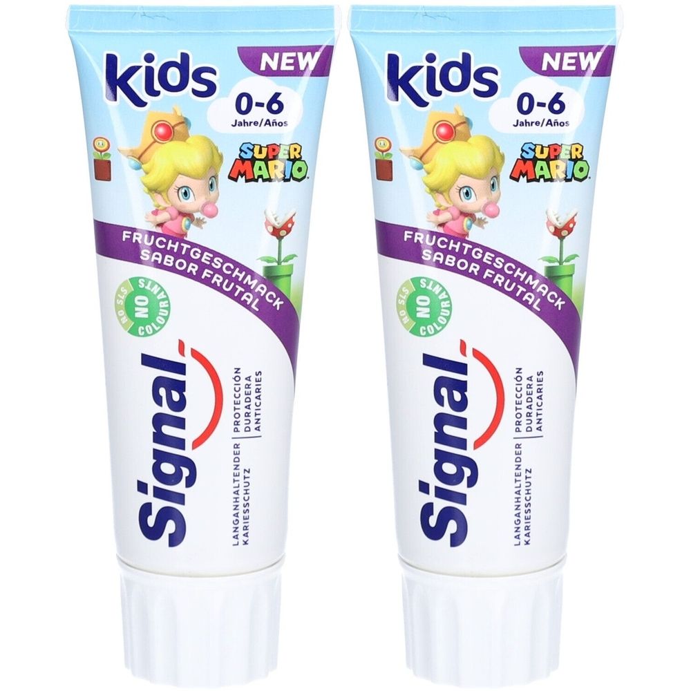 Deux tubes de dentifrice Signal Kids. Inscription: Super Mario, goût fruité, 0-6 ans. Emballage blanc et bleu.