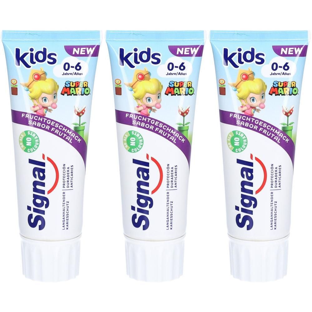 Drie tubes Signal Kids tandpasta 0-6 jaar. Afbeelding Super Mario en aanduiding fruitsmaak.