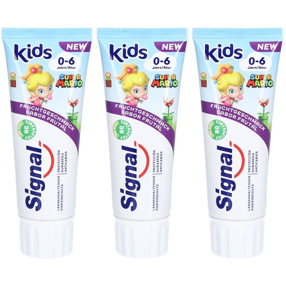 Trois tubes de dentifrice Signal Kids 0-6 ans. Illustration Super Mario et indication goût fruité.