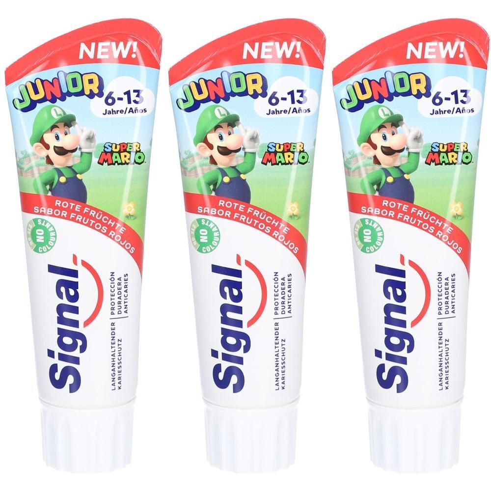 Drie tubes Signal Junior tandpasta. Rode vruchten, 6-13 jaar. Met Super Mario-ontwerp. Zonder kleurstoffen. Langdurige bescherming tegen cariës.