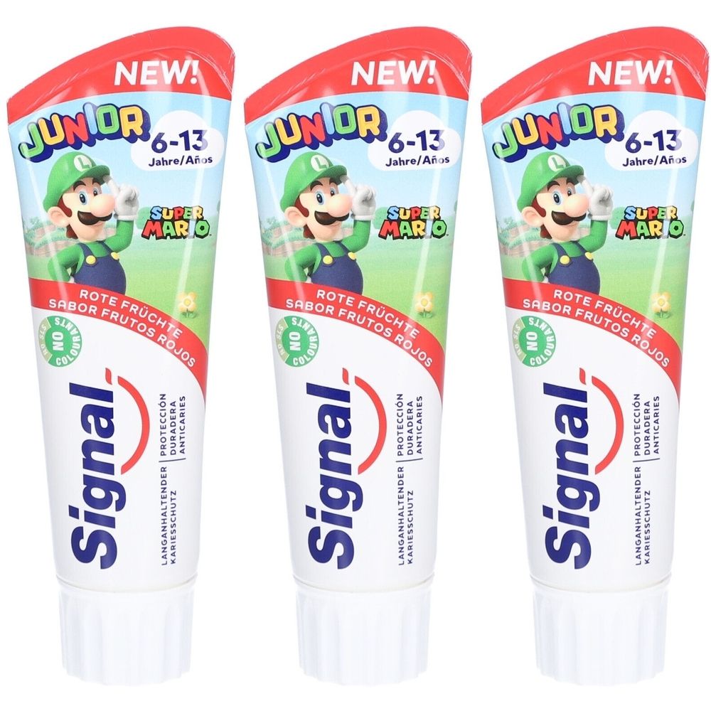 Drie tubes Signal Junior tandpasta. Rode vruchten, 6-13 jaar. Met Super Mario-ontwerp. Zonder kleurstoffen. Langdurige bescherming tegen cariës.