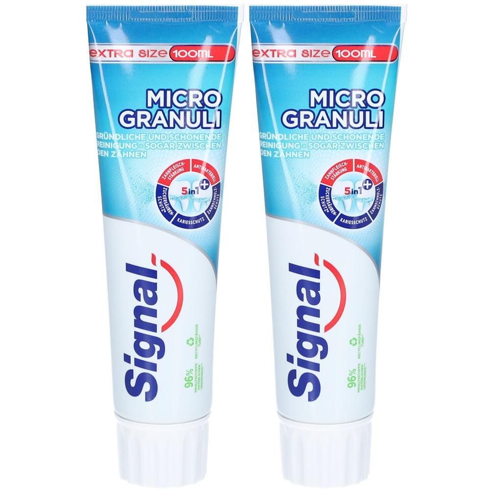 Twee tubes tandpasta Signal Micro Granuli. Blauwe tubes met witte dop. Tekst: Micro Granuli, 5in1, 100ml.