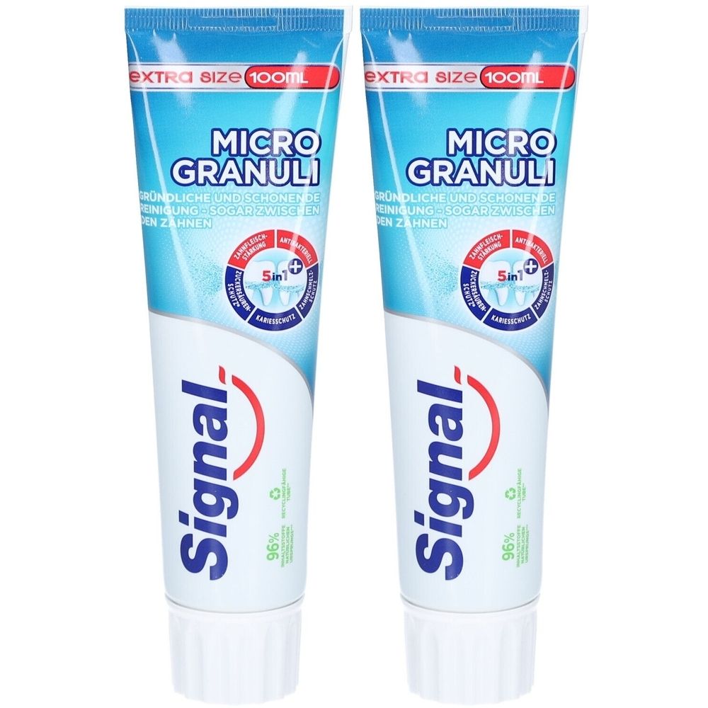 Twee tubes tandpasta Signal Micro Granuli. Blauwe tubes met witte dop. Tekst: Micro Granuli, 5in1, 100ml.