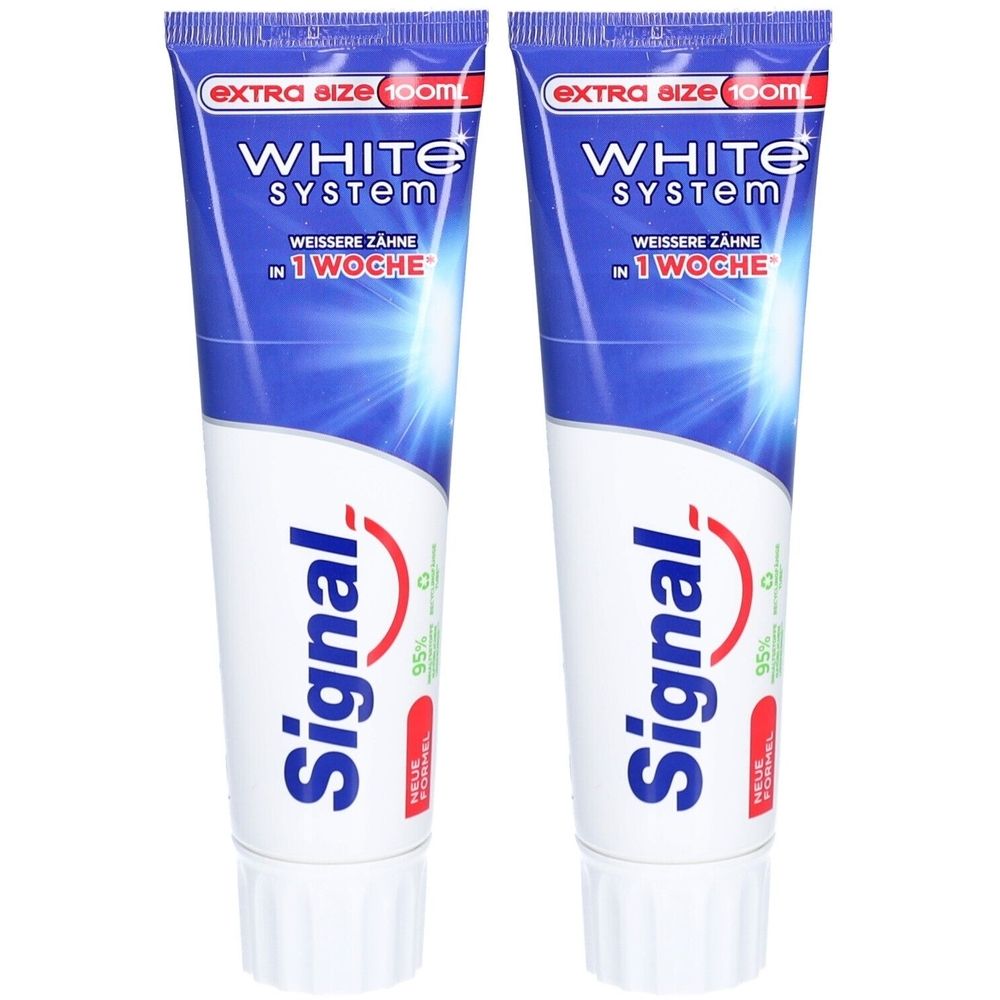 Twee tubes Signal White System tandpasta. Blauw-witte verpakking met rood logo. Opschrift: Extra Size 100ml.