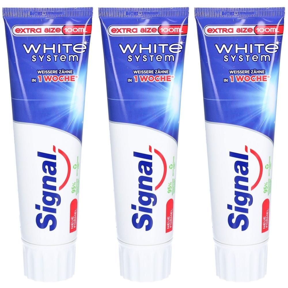 Trois tubes de dentifrice Signal White System. Tube bleu et blanc avec logo Signal rouge. Texte: Dents blanches en 1 semaine.