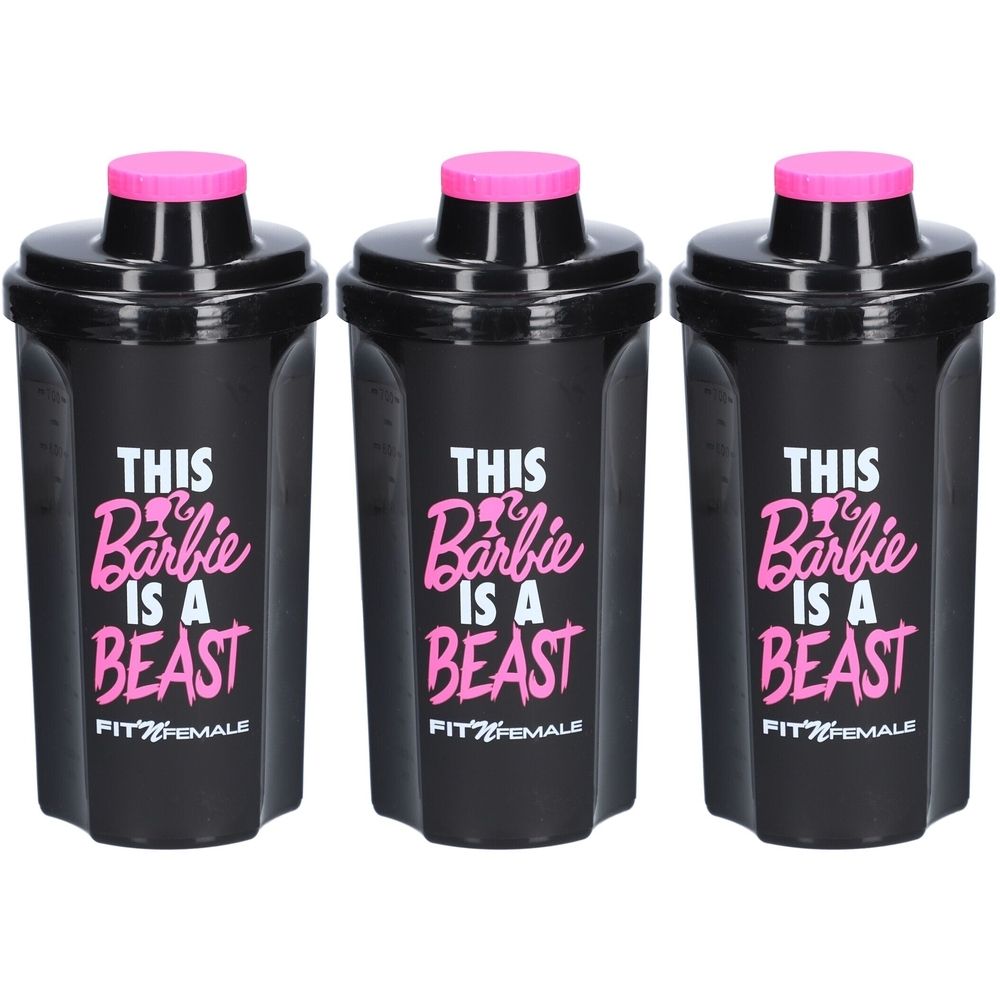 Trois shakers noirs avec couvercles roses. Inscription : "THIS Barbie IS A BEAST" et "FIT'N'FEMALE".