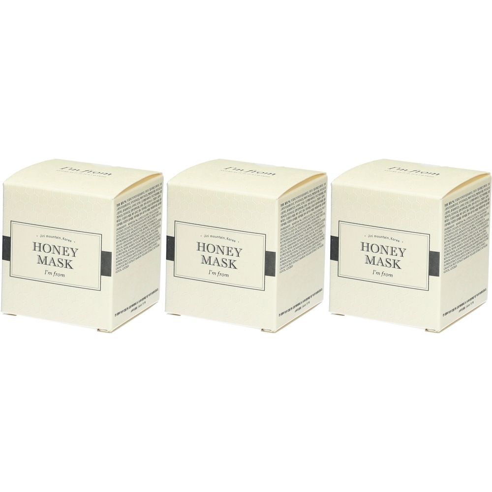 Trois boîtes carrées. Sur le devant, "HONEY MASK" dans un rectangle. Le texte "I'm from" est en dessous.