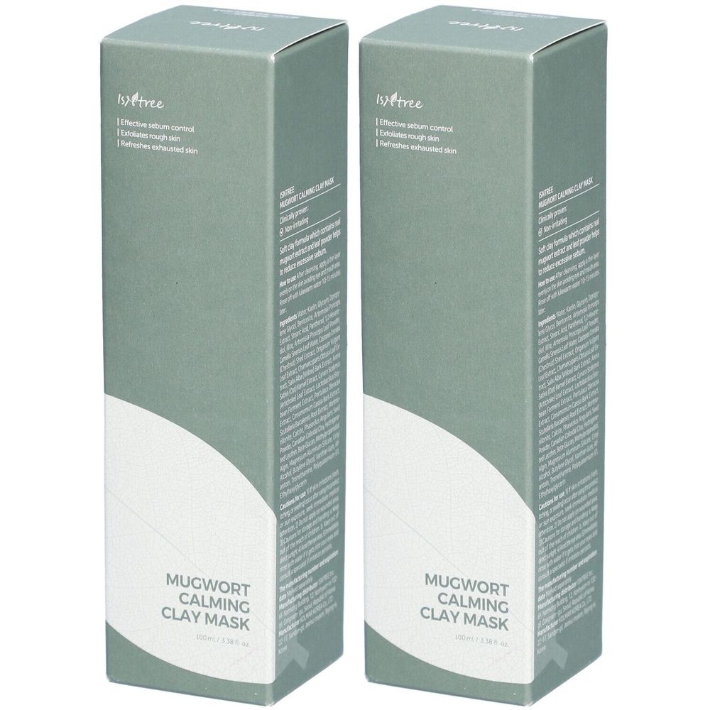 Deux boîtes rectangulaires vertes. Texte: Mugwort Calming Clay Mask. Marque: Isntree. Inscriptions sur le côté.