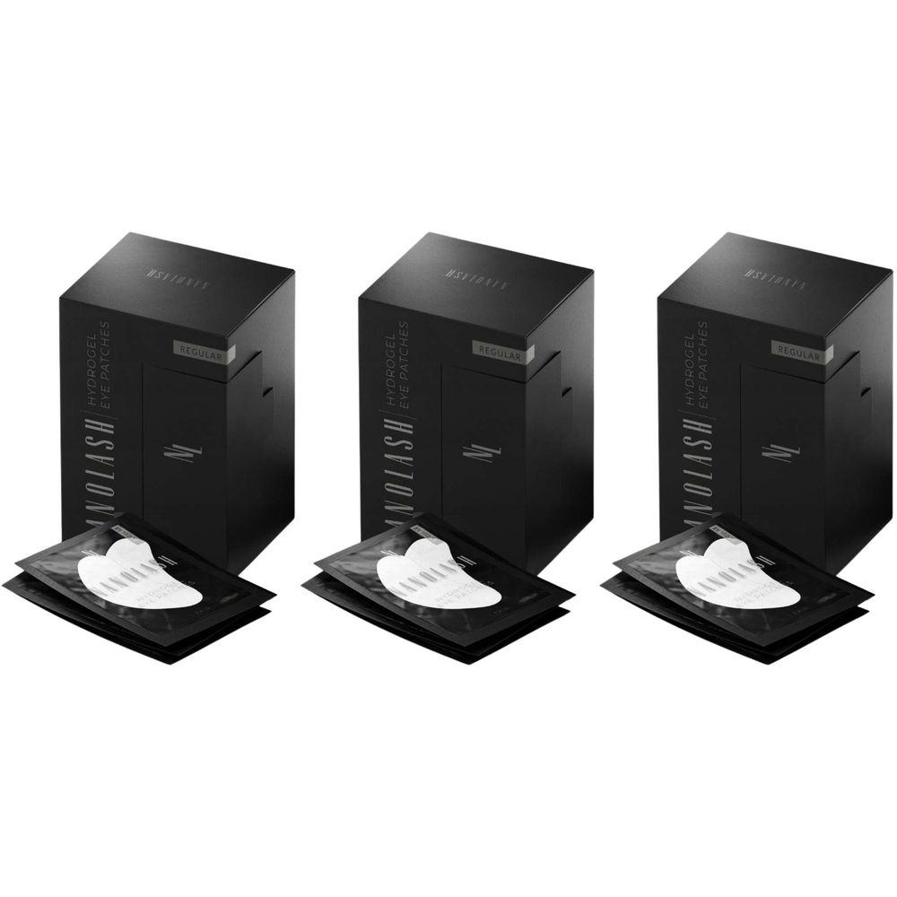 Drie zwarte dozen met de tekst NANOLASH. Daaronder zwarte zakjes met oogpleisters.