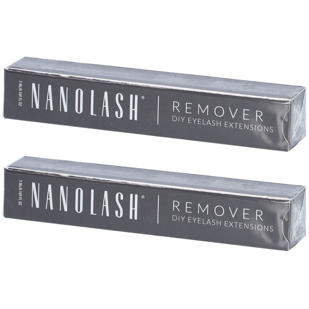 Twee grijze dozen met de tekst NANOLASH REMOVER DIY EYELASH EXTENSIONS. De verpakking is rechthoekig.
