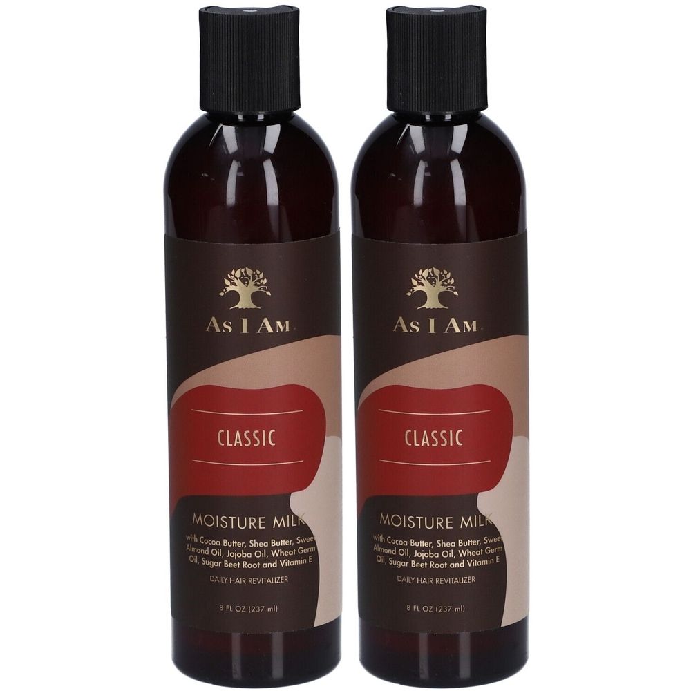 Deux bouteilles de lotion hydratante AS I AM. Bouteilles marron avec bouchon noir. Inscription : CLASSIC, MOISTURE MILK.