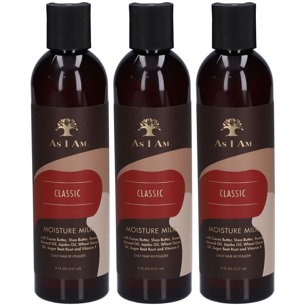 Trois bouteilles de lotion hydratante AS I AM. Bouteilles marron avec bouchons noirs. Inscription : CLASSIC, MOISTURE MILK.