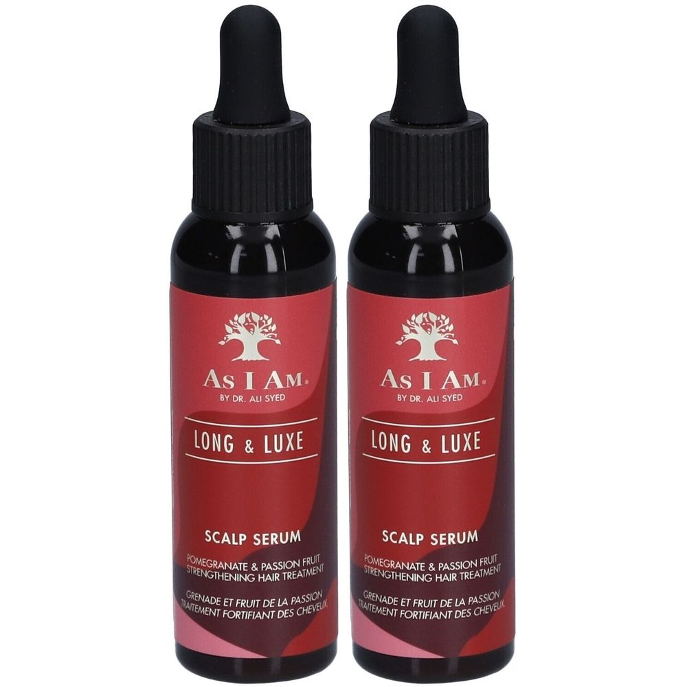 Deux flacons de sérum pour cuir chevelu avec pipette noire. Étiquettes rouges avec texte blanc: As I Am, Long & Luxe, Scalp Serum.