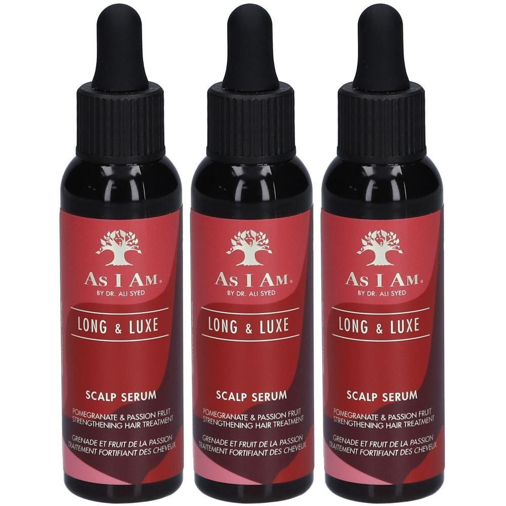 Drie flessen Long & Luxe hoofdhuidserum. Rode etiketten met tekst en logo. Zwarte doppen met pipetten.