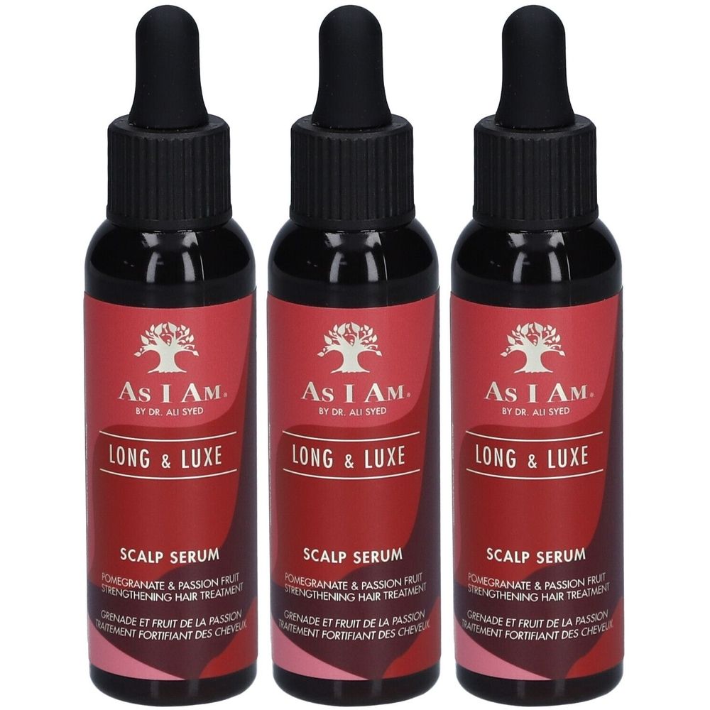 Trois flacons de sérum capillaire Long & Luxe. Étiquettes rouges avec texte et logo. Bouchons noirs avec pipettes.