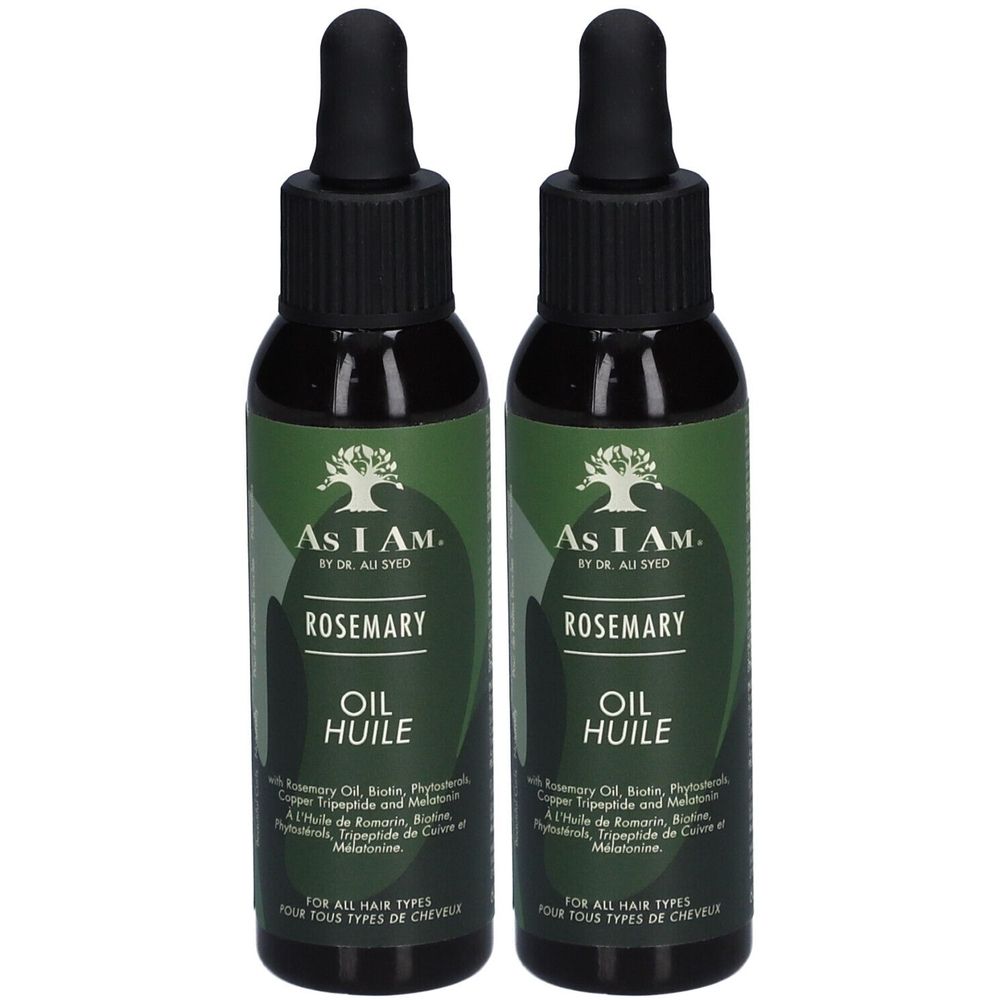 Twee flessen haarolie met rozemarijn. Groene etiketten met witte tekst. Zwarte pipetdoppen. Opschrift: AS I AM, Rosemary Oil.