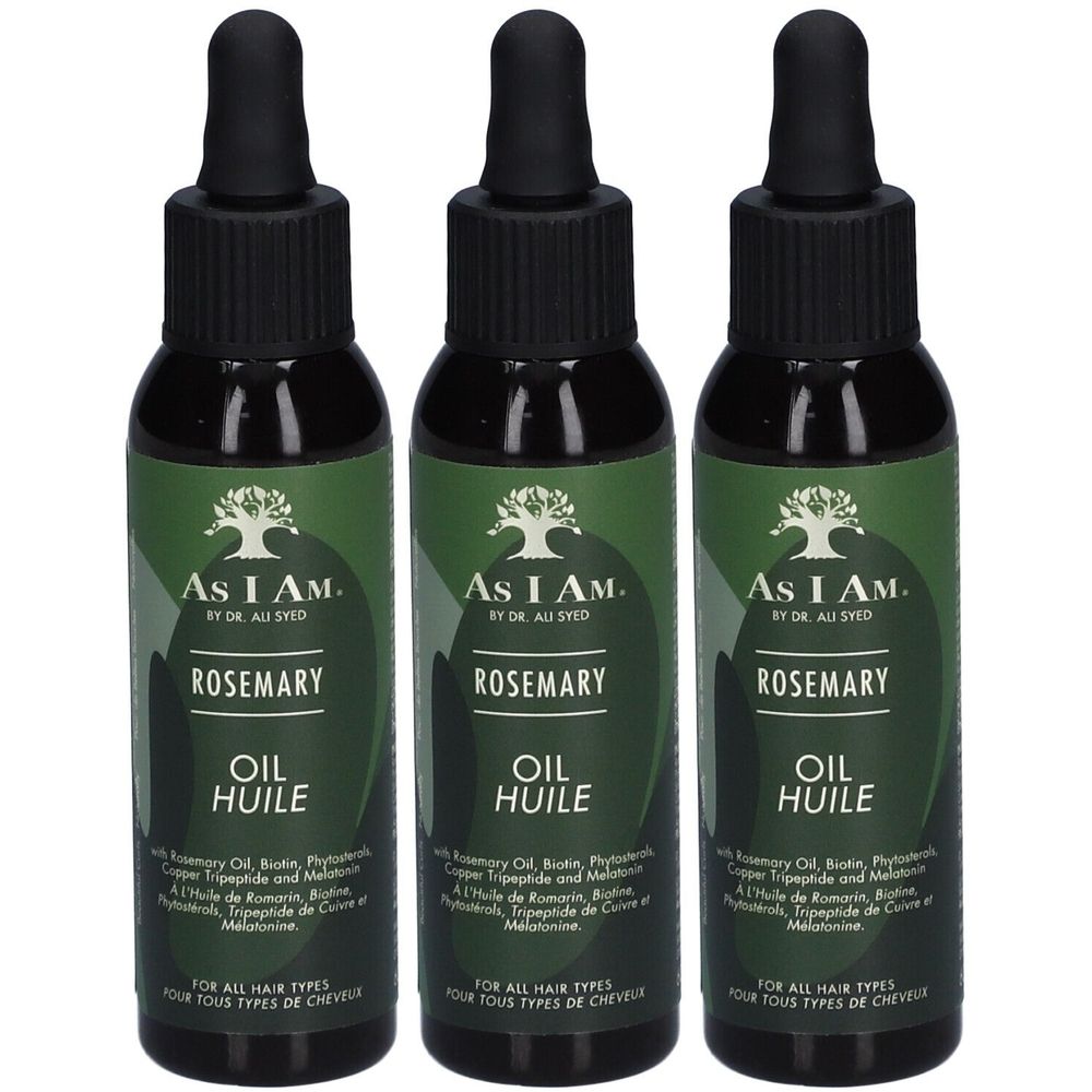 Drie flessen haarolie met rozemarijn. Zwarte dop met pipet. Groene etiketten met productnaam en logo.