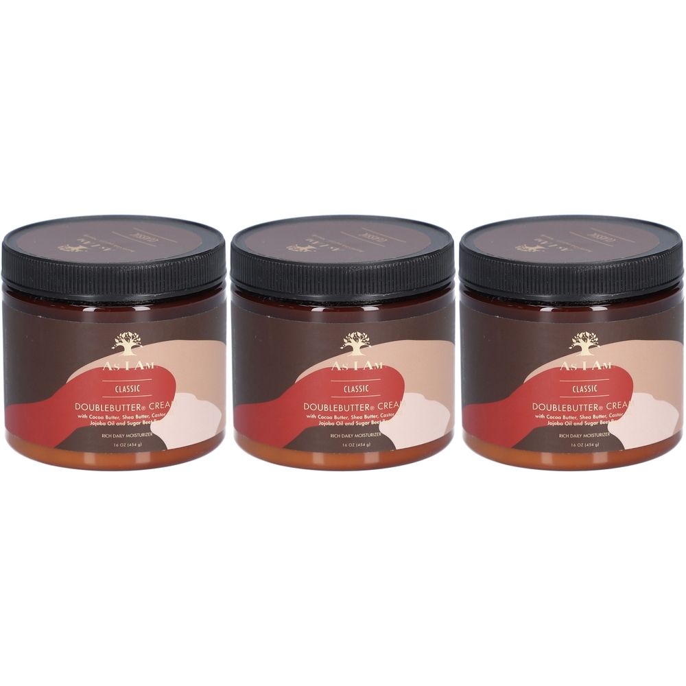 Trois pots avec couvercles noirs. Étiquettes : "AS I AM CLASSIC DOUBLEBUTTERCREME".