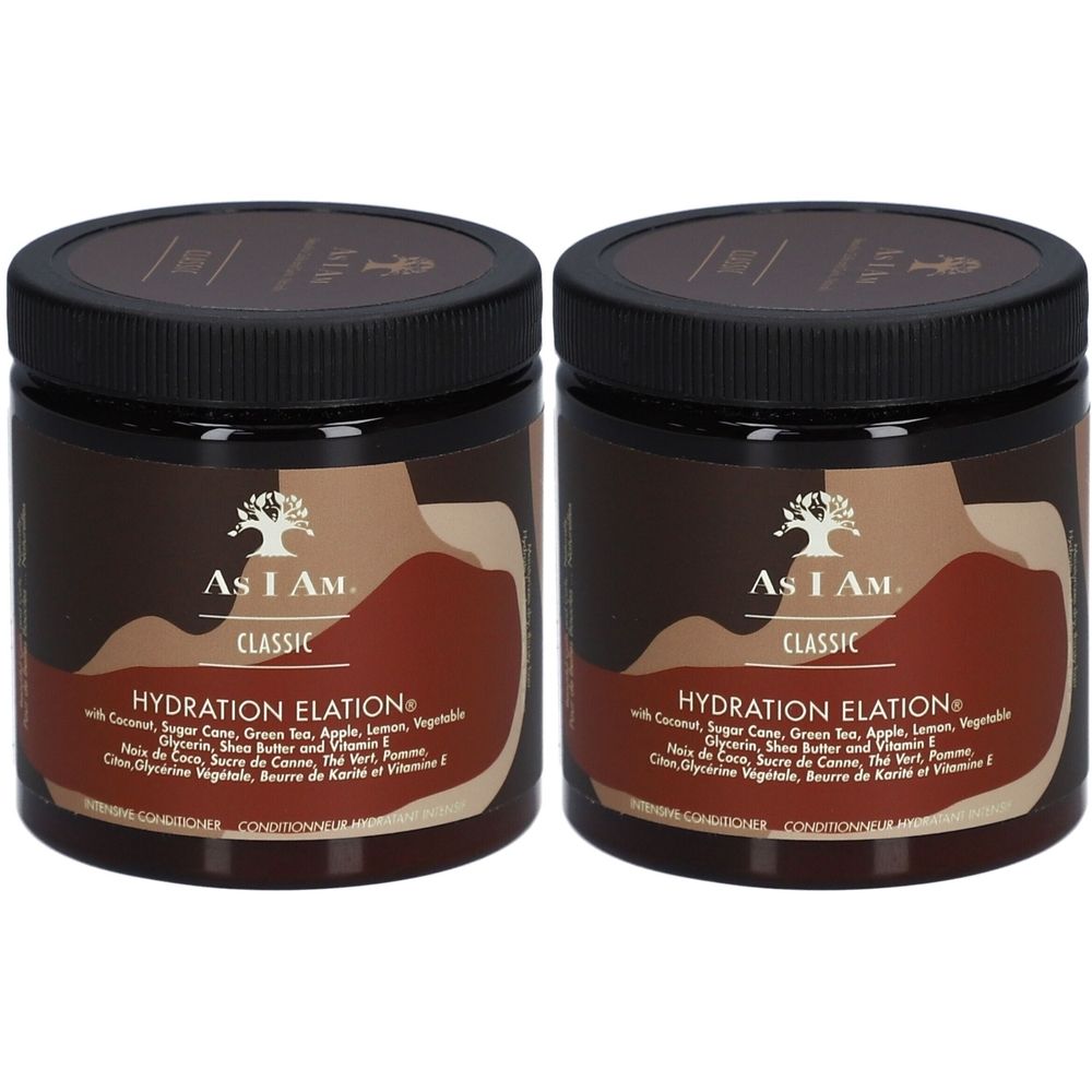 Twee bruine potten met zwarte deksels. Opschrift: AS I AM, Classic, HYDRATION ELATION. Productnaam en ingrediënten zichtbaar.