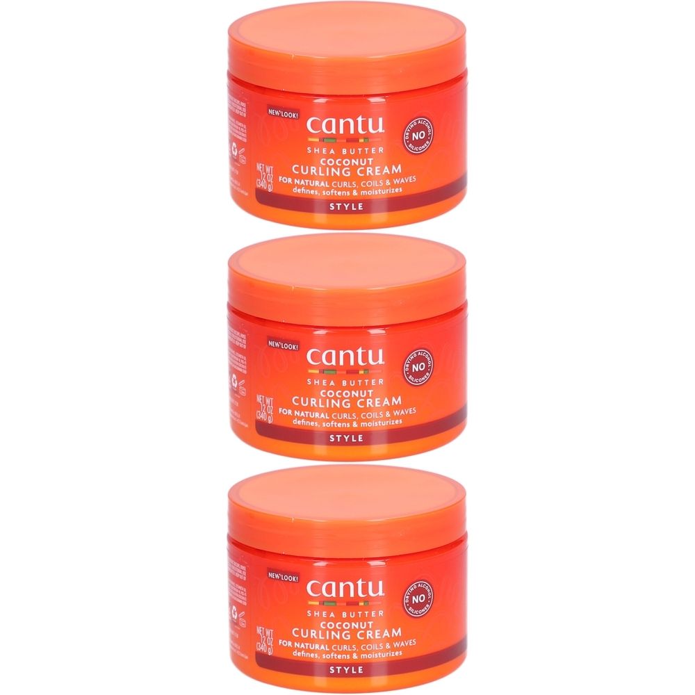Drie oranje potten met deksels. Op elke pot staat "Cantu Shea Butter Coconut Curling Cream".