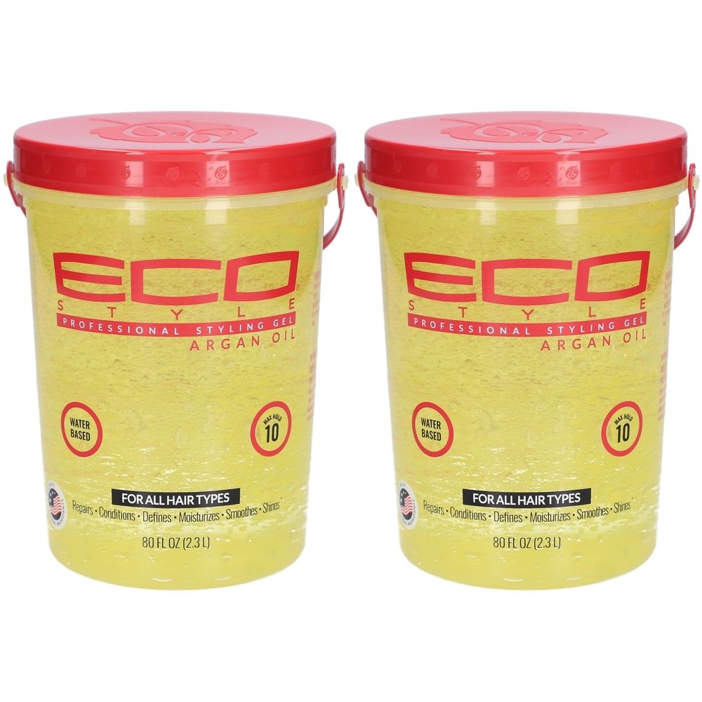 Deux pots de gel coiffant ECOSTYLE à l'huile d'argan. Liquide jaune dans des récipients transparents avec couvercles rouges. Inscription.
