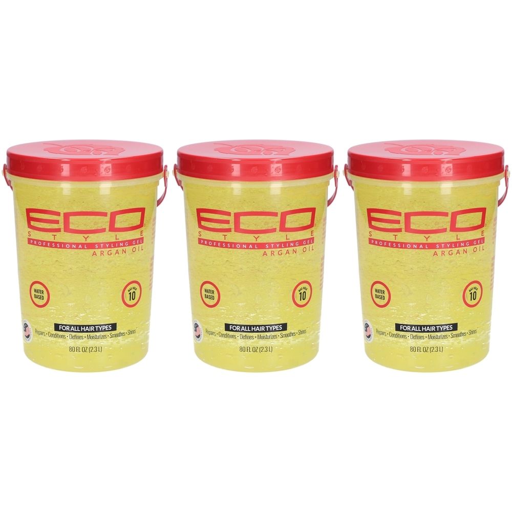 Trois pots de gel coiffant ECO STYLE à l'huile d'argan. Couvercle rouge, contenu jaune. Pour tous types de cheveux. 10 oz (283g).