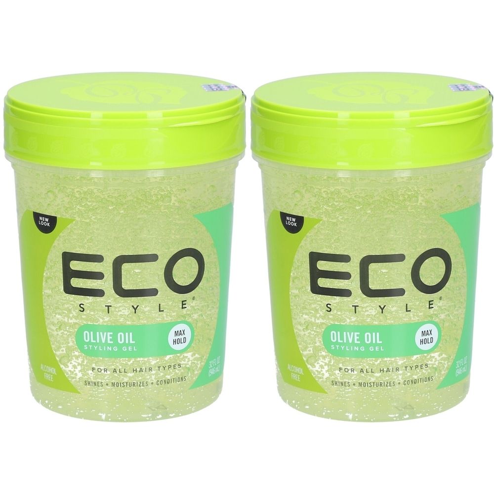 Deux pots verts de gel coiffant ECOSTYLE à l'huile d'olive. Inscription: MAX HOLD. Pour tous types de cheveux.