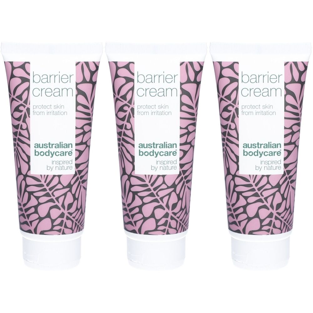 Drie tubes barrièrecrème. Opschrift: barrier cream, protect skin from irritation. Merk: australian bodycare.