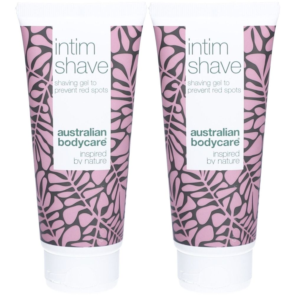 Twee tubes scheergel met bloemenpatroon. Opschrift: Intim Shave, Australian Bodycare.