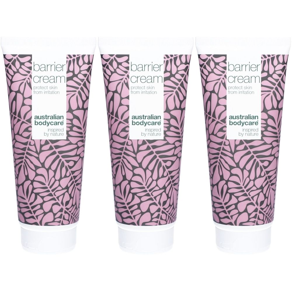 Trois tubes de crème barrière. Inscription : barrier cream, protect skin from irritation. Marque : australian bodycare.