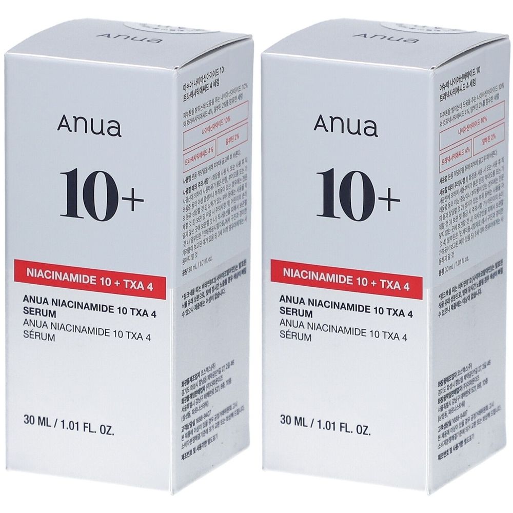 Deux boîtes blanches avec "Anua 10+" et informations produit. Inscription : Niacinamide 10 + TXA 4 Serum. Volume : 30 ml / 1.01 fl. oz.