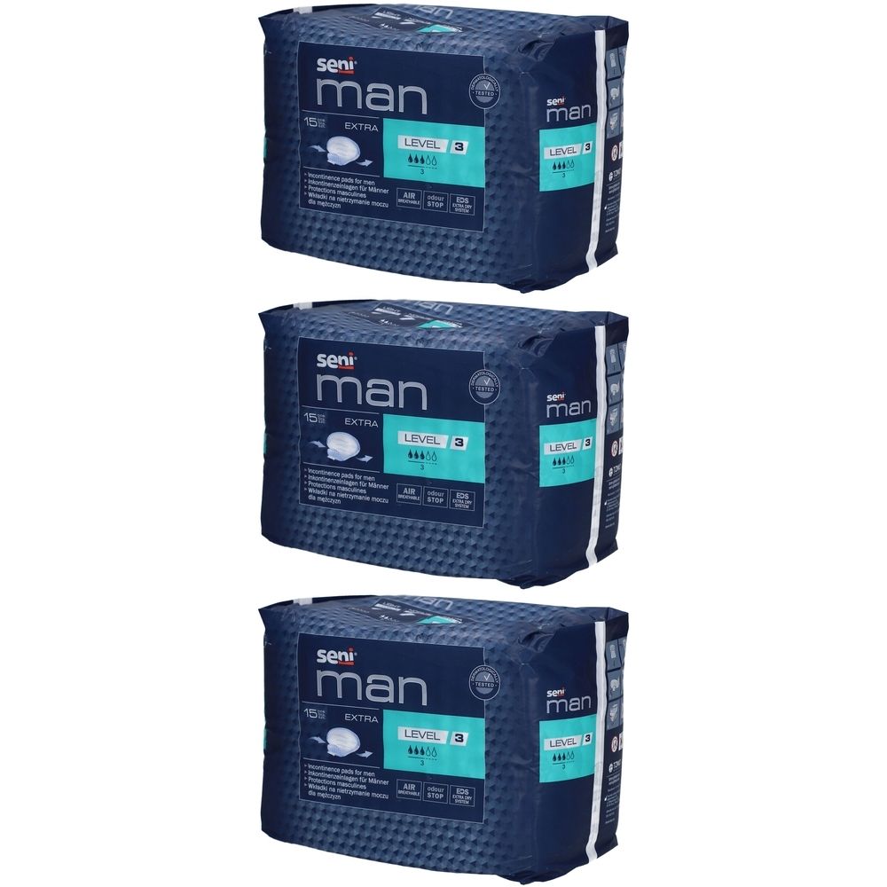 Drie pakken Seni Man Extra Level 3 incontinentieslips voor mannen.