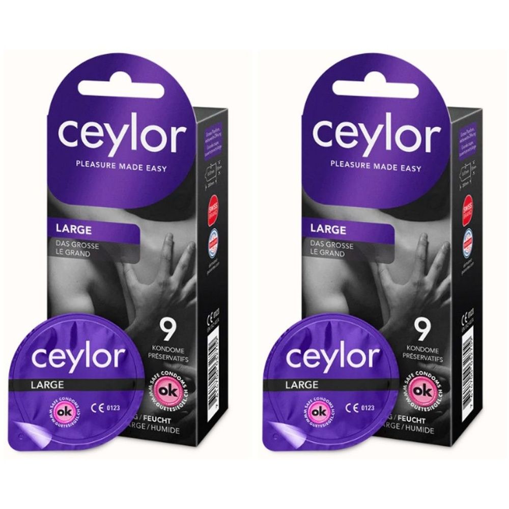Twee verpakkingen condooms. Opschrift "ceylor", "LARGE", "9 condooms". Paarse verpakking met "ok" zegel.