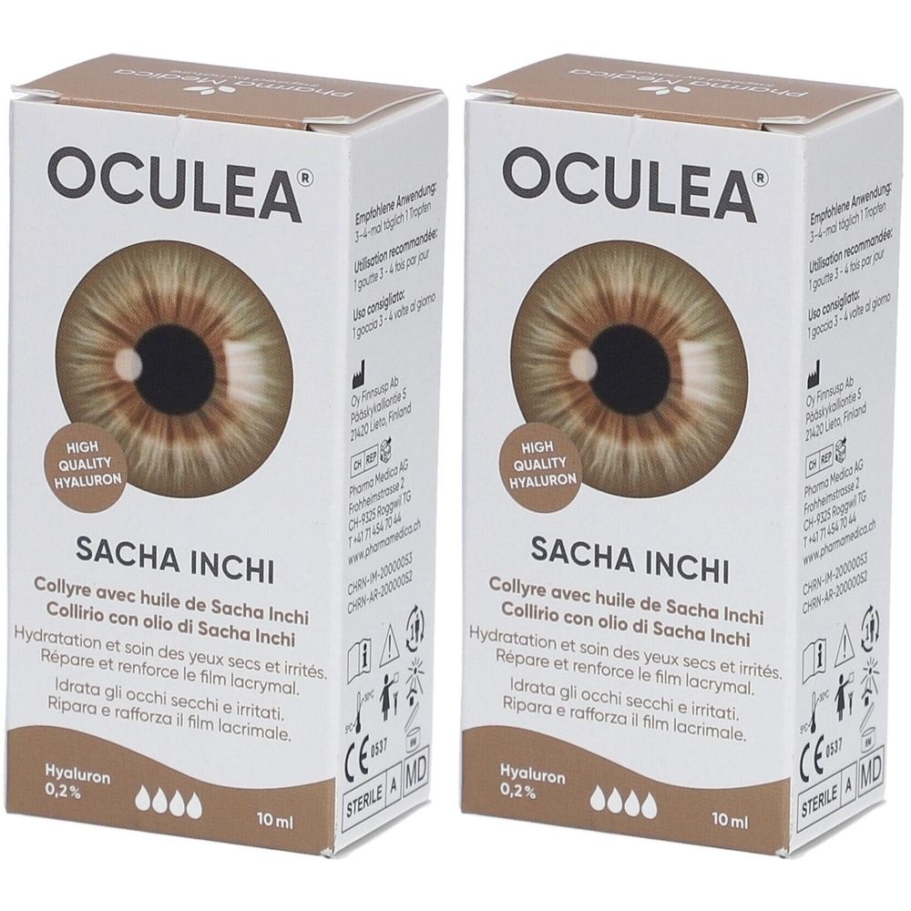 Twee verpakkingen OCULEA Sacha Inchi oogdruppels. Opschrift: SACHA INCHI, Hyaluron 0,2%, 10 ml. Afbeelding van een oog.