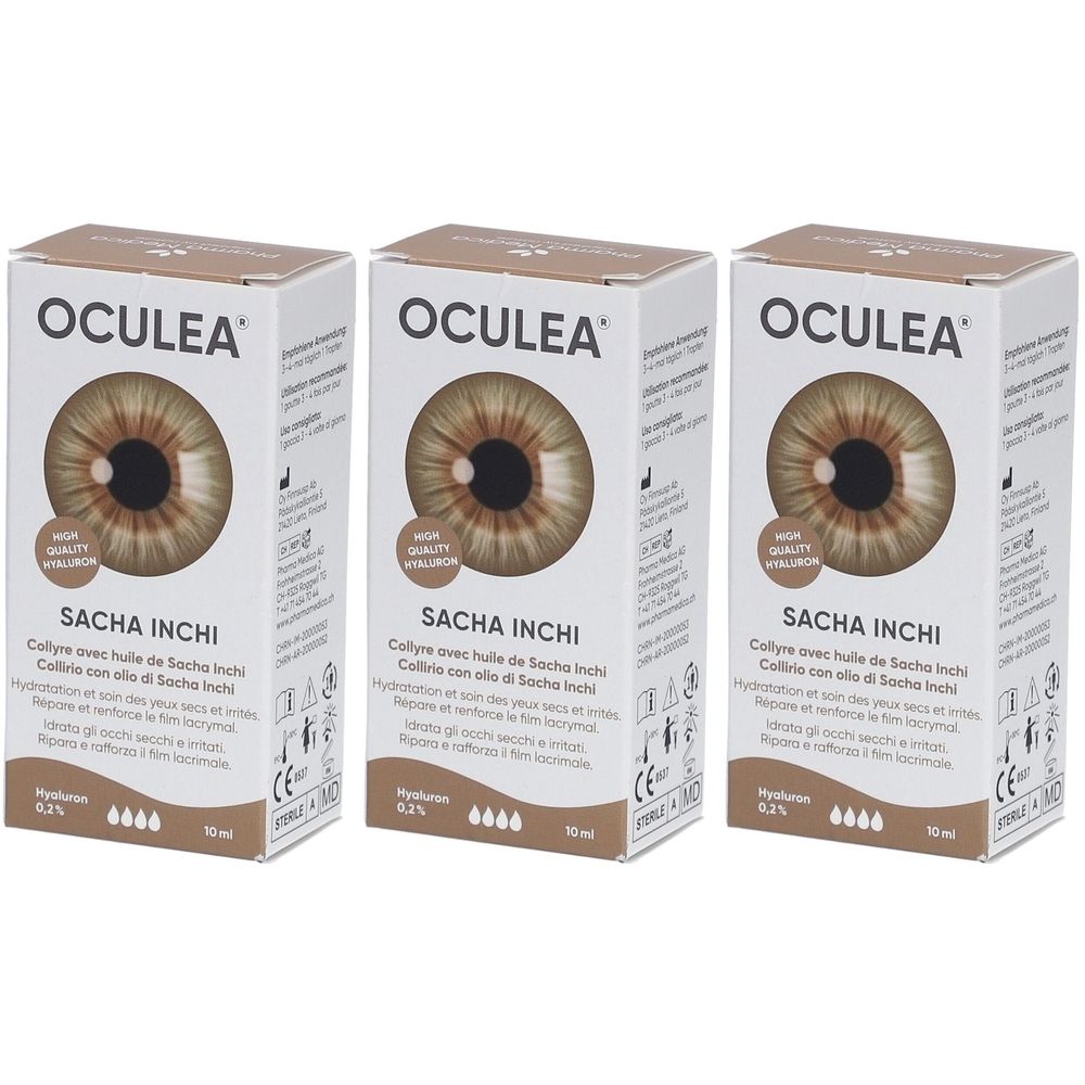 Drie dozen OCULEA Sacha Inchi. Elke doos toont een oog en productinformatie. Opschrift: « Hyaluron 0,2% » en « 10 ml ».