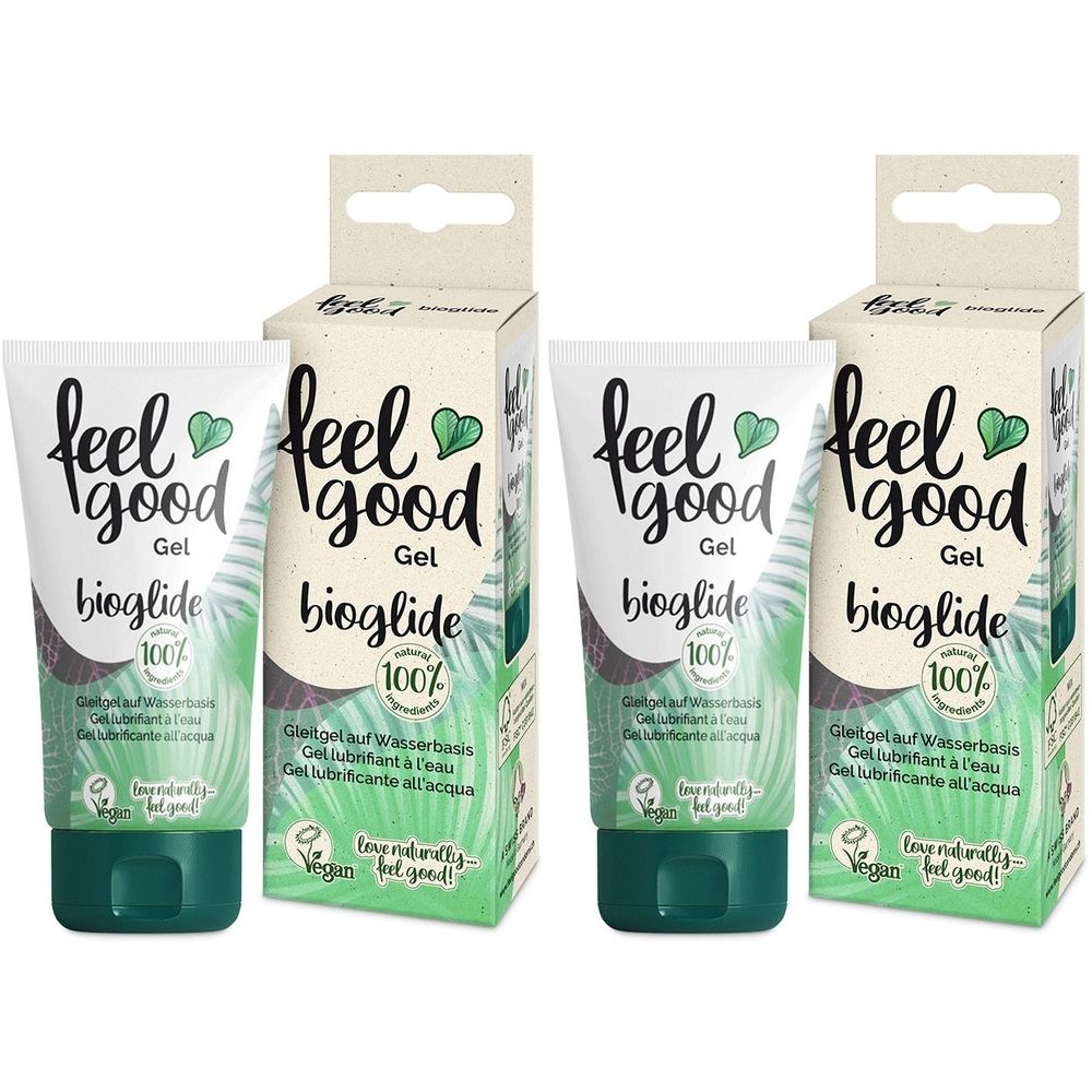 Meerdere tubes en verpakkingen met productopdruk. Opschrift: feel good bioglide 100%. Groen-witte kleurstelling.