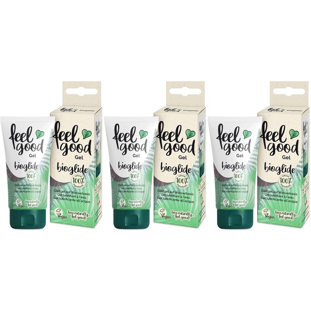 Trois tubes et emballages. Sur les tubes, on lit "feel good gel bioglide 100%". Les emballages sont imprimés avec des feuilles.