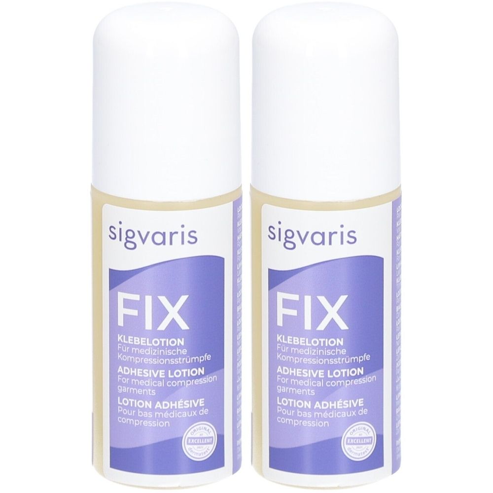 Twee flessen met witte doppen en paarse etiketten. Opschrift: sigvaris FIX Kleeflotion voor compressiekousen.