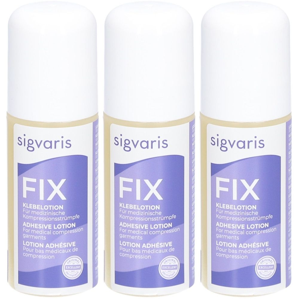 Trois flacons de lotion adhésive SIGVARIS FIX pour bas de compression. Bouchons blancs, étiquette violette avec texte. Inscription: LOTION ADHÉSIVE.