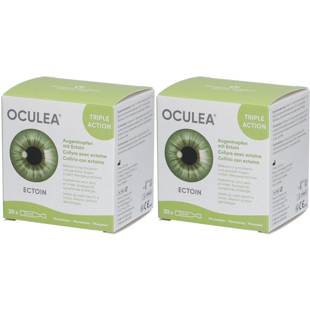 Twee groene dozen met "OCULEA" en "ECTOIN". Een groen oog staat afgebeeld. "TRIPLE ACTION" staat bovenaan.