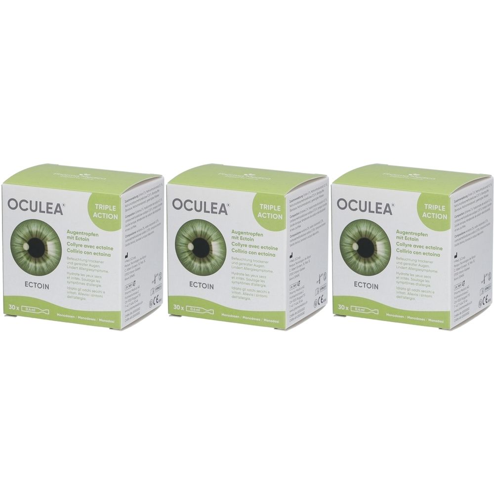 Trois boîtes de gouttes oculaires OCULEA. Chaque boîte présente un œil vert, le mot "ECTOIN" et "TRIPLE ACTION".