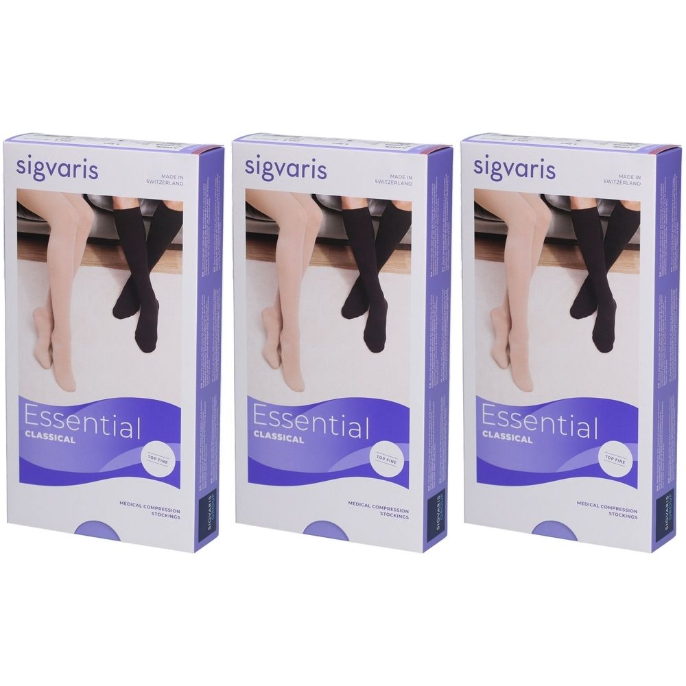 Drie verpakkingen met compressiekousen. Opschrift: sigvaris Essential Classical. Afbeelding van benen met kousen.