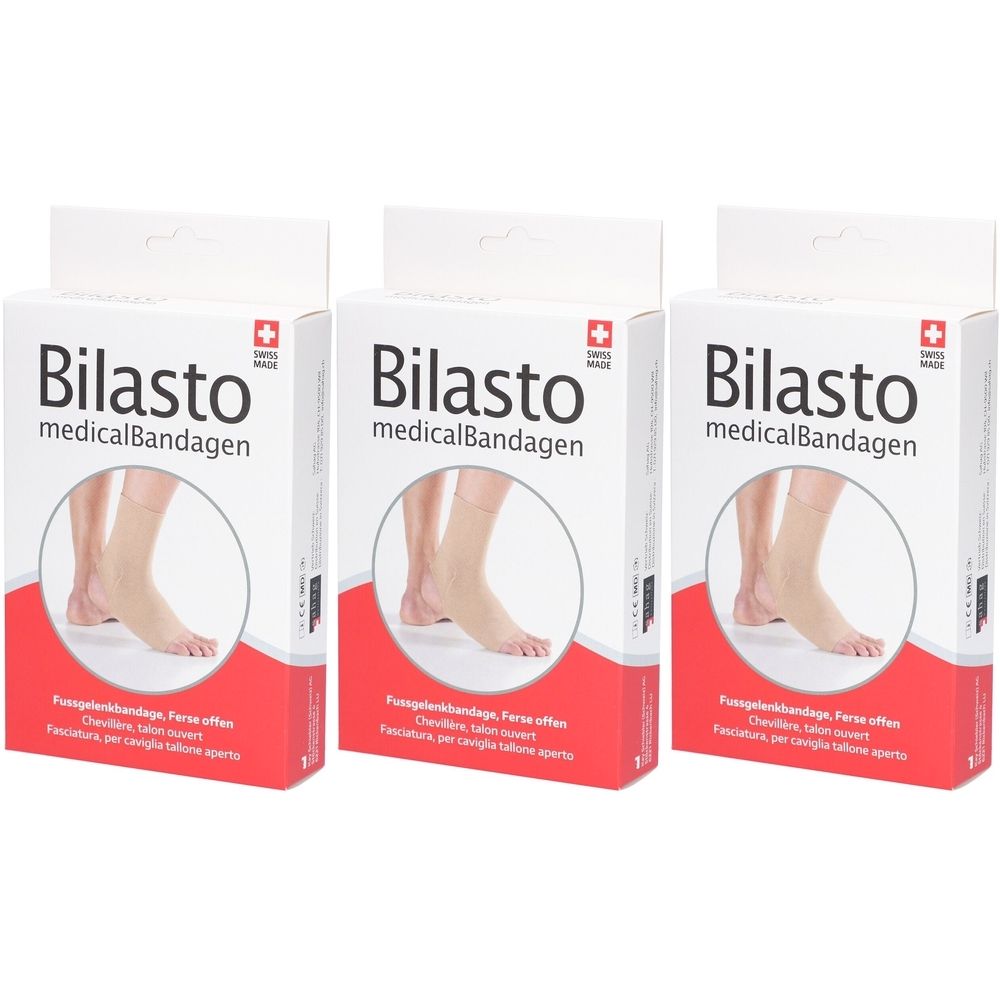 Trois boîtes de Bilasto medicalBandagen. Chaque boîte présente un pied avec un talon ouvert. Emballage rouge et blanc.