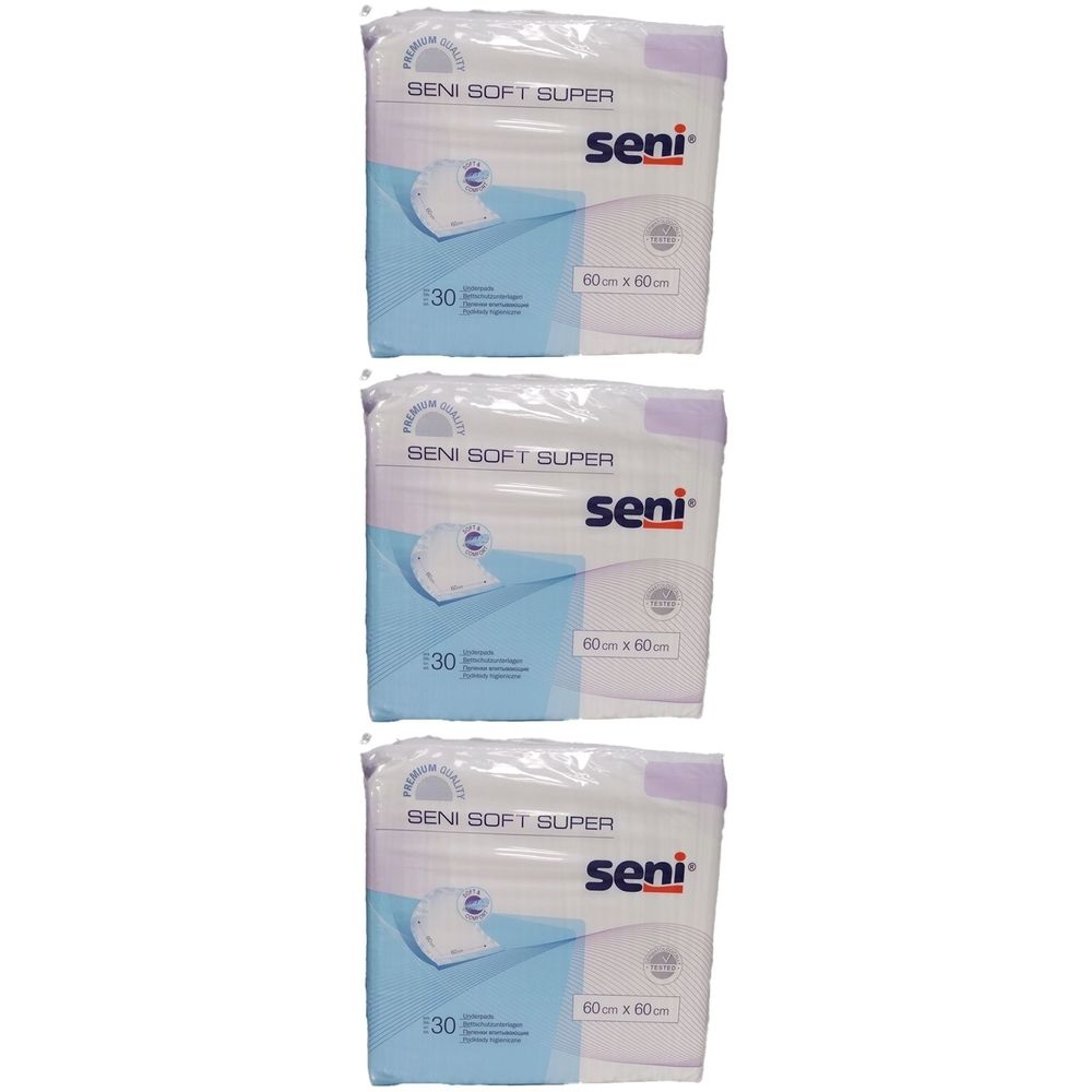 Drie verpakkingen Seni Soft Super bedbeschermers. Elke verpakking toont het Seni-logo, de maat 60x60 cm en het aantal 30.