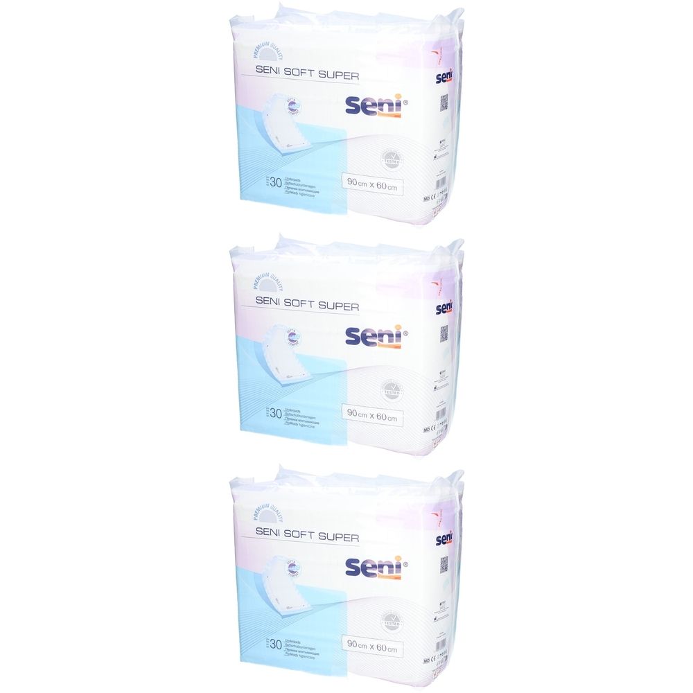 Drie verpakkingen SENI Soft Super Alèses. Elke verpakking bevat 30 stuks. Opschrift: 90 cm x 60 cm. Merk Seni.