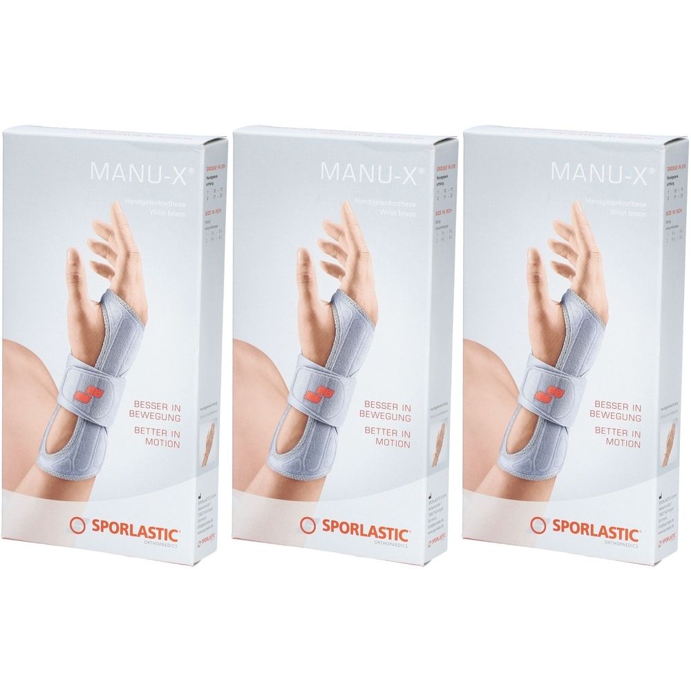 Drie productverpakkingen van SPORLASTIC Manu X. Elke verpakking toont een hand met een polsbrace. Tekst: MANU-X, SPORLASTIC.
