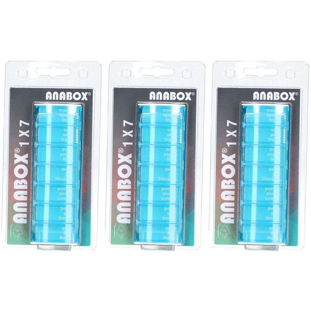 Drie turquoise pillendoosjes in blisterverpakking. Opschrift: ANABOX 1x7.