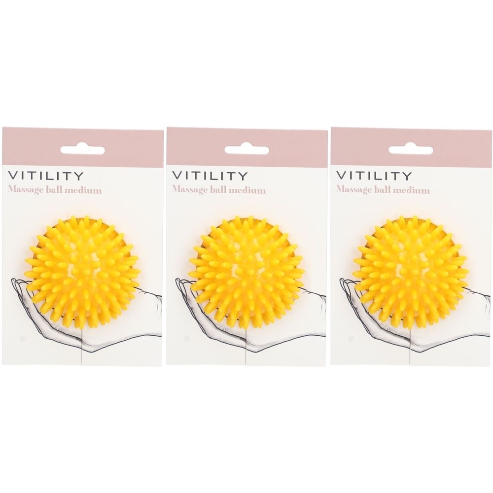 Trois balles de massage jaunes à picots, présentées dans des emballages avec le texte VITILITY. Les balles sont montrées dans des mains.