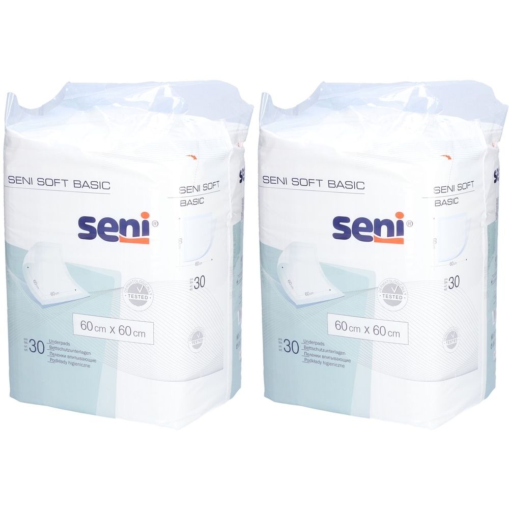 Twee verpakkingen Seni Soft Basic onderleggers. Elke verpakking bevat 30 stuks, 60x60cm. Merk Seni.