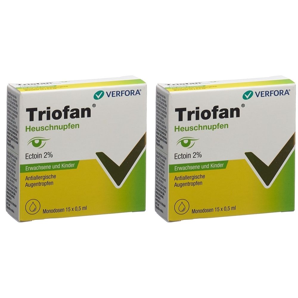 Twee dozen oogdruppels. Opschrift: Triofan Heuschnupfen, Ectoin 2%, voor volwassenen en kinderen. Monodoses 15 x 0,5 ml.